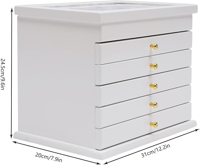 Extra Large Four-Leaf Carved 6 Layers Wooden Jewelry Box Jewelry Case Cabinet Armoire Ring Necklacel Gift Storage Box Organizer (White)