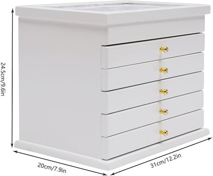 Extra Large Four-Leaf Carved 6 Layers Wooden Jewelry Box Jewelry Case Cabinet Armoire Ring Necklacel Gift Storage Box Organizer (White)