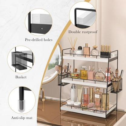 Wood Bathroom Counter Organizer with Metal Frame for Vanity Storage ,White