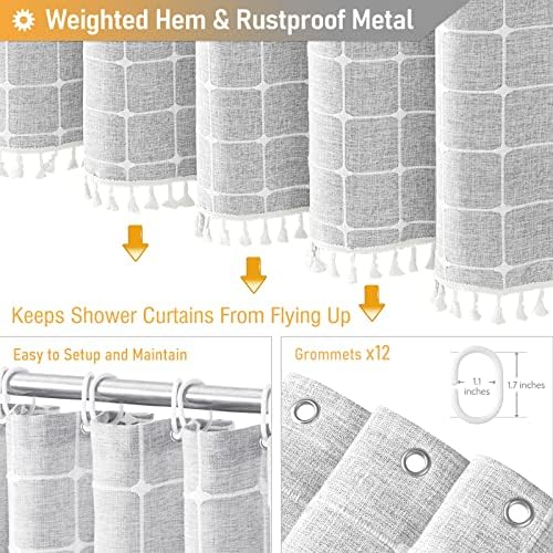 BTTN Grey Boho Farmhouse Linen Heavy Duty Shower Curtain Set, 72x72, Gray