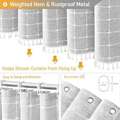 BTTN Grey Boho Farmhouse Linen Heavy Duty Shower Curtain Set, 72x72, Gray
