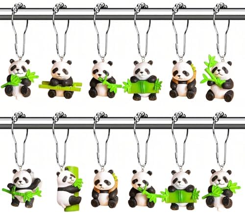 12Pcs Bamboo Panda Shower Curtain Hooks Decorative for Curtain Rods, Cute Animals Shower Curtain Rings, Silver Stainless Steel Metal Shower Curtain Hanger Hooks, Green Kids Bathroom Decor Accessories