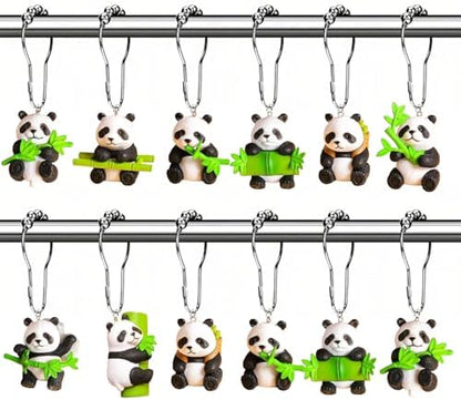 12Pcs Bamboo Panda Shower Curtain Hooks Decorative for Curtain Rods, Cute Animals Shower Curtain Rings, Silver Stainless Steel Metal Shower Curtain Hanger Hooks, Green Kids Bathroom Decor Accessories