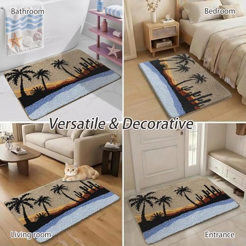 Bathroom Rug Mat, Beach Sunset Fluffy Rug with Palm Tree & Cactus Silhouette, Ultra Absorbent Microfiber Shaggy Door Mat, Quick Dry Bath Rug Carpet for Toilet Bathtub Bedroom 20x31 Inch