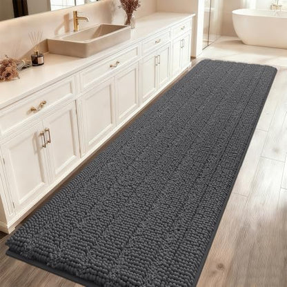 ACCUMTEK Striped Grey Bathroom Rug Mat 48"x17" Ultra Soft, Non Slip Chenille Bath Rugs, Absorbent Plush Shaggy Bath Mats for Bathroom, Bedroom, Kitchen, Shower, Tub,Dark Gray, Charcoal