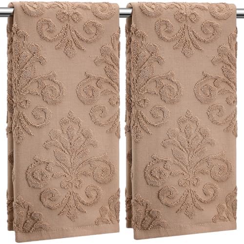 SmoothNovelty 2 Pcs Brown Floral Jacquard Hand Towels for Bathroom