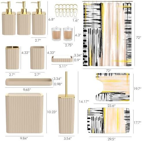 Bathroom Set - Bathroom Accessory Set, Beige Bathroom Set, 26PC Bathroom Sets with Shower Curtain and Rugs, Toilet Brush, Trash Can, Qtip Holder & Bathroom Soap Dispenser Set