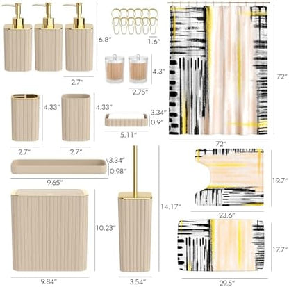 Bathroom Set - Bathroom Accessory Set, Beige Bathroom Set, 26PC Bathroom Sets with Shower Curtain and Rugs, Toilet Brush, Trash Can, Qtip Holder & Bathroom Soap Dispenser Set