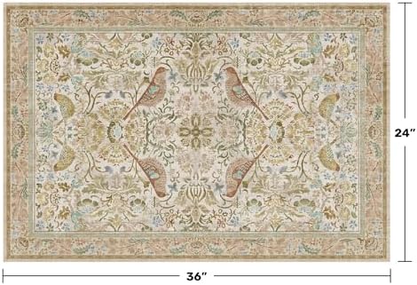 Beige Boho Bathroom Rugs 2x3 Washable Non Slip - Soft Low Pile Small Throw Rug for Entryway, Kitchen, Powder Room - Unique Farmhouse Bird & Pattern Botanical Decorative Door Mats
