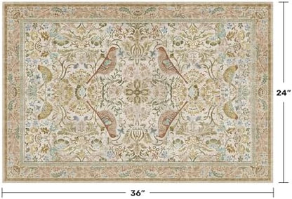 Beige Boho Bathroom Rugs 2x3 Washable Non Slip - Soft Low Pile Small Throw Rug for Entryway, Kitchen, Powder Room - Unique Farmhouse Bird & Pattern Botanical Decorative Door Mats