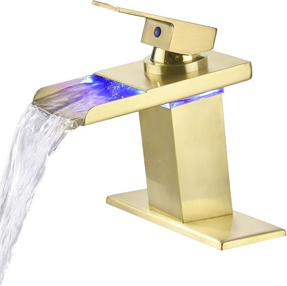 LED Waterfall Bathroom Faucet, Brushed Gold RV Bath Vanity Faucet for Sinks - 1 or 3 Hole Mount