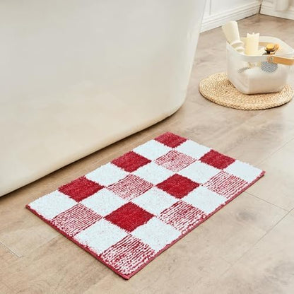 CozeCube Christmas Red Checkered Bath Mat 24"x16" Non Slip Washable Rug