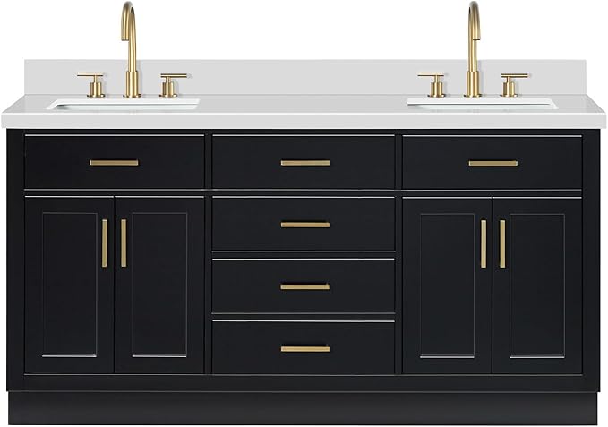 ARIEL Hepburn 66-inch Bathroom Vanity with Sink,Solid Wood, 1.5-inch Pure White Quartz Countertop & Backsplash, Double Rectangular Porcelain Sink, 4 Soft Closing Doors, 6 Dovetail Drawers, Black