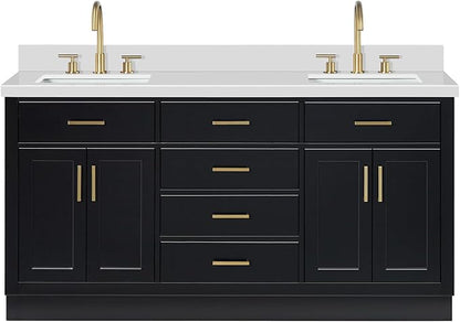 ARIEL Hepburn 66-inch Bathroom Vanity with Sink,Solid Wood, 1.5-inch Pure White Quartz Countertop & Backsplash, Double Rectangular Porcelain Sink, 4 Soft Closing Doors, 6 Dovetail Drawers, Black