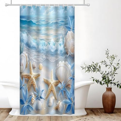 Beach Seashell Shower Curtain, Ocean Waves Starfish Design, Blue Floral Pattern, Summer Coastal Bathroom Decor
