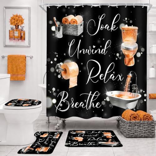 Burnt Orange Fashion Funny Words 4Pcs Bathroom Shower Curtain Set with Rugs