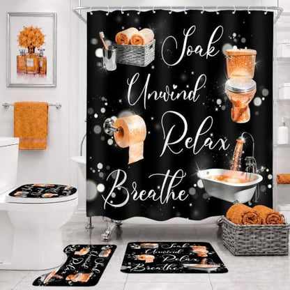 Burnt Orange Fashion Funny Words 4Pcs Bathroom Shower Curtain Set with Rugs