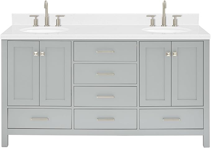 ARIEL Cambridge 66-inch Bathroom Vanity with Sink,Solid Wood, 1.5-inch Carrara White Quartz Countertop & Backsplash, Double Oval Porcelain Sink, 4 Soft Closing Doors, 6 Dovetail Drawers, Grey