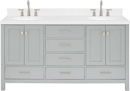 ARIEL Cambridge 66-inch Bathroom Vanity with Sink,Solid Wood, 1.5-inch Carrara White Quartz Countertop & Backsplash, Double Oval Porcelain Sink, 4 Soft Closing Doors, 6 Dovetail Drawers, Grey