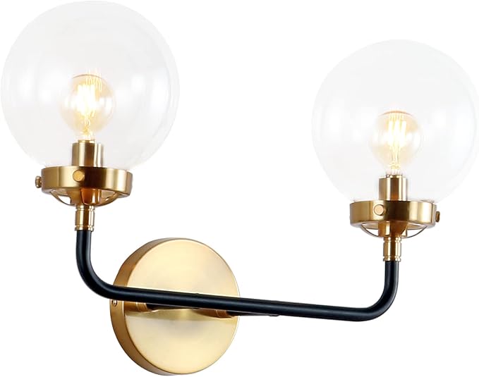 JONATHAN Y 18" Black/Brass Gold 2-Light LED Wall Sconce Vanity Lighting, Clear Glass Globe Shade Modern Contemporary Sconce for Bathroom Mirror, Hallway, UL Listed (JYL9010A)