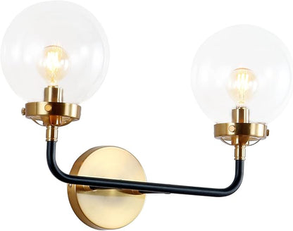 JONATHAN Y 18" Black/Brass Gold 2-Light LED Wall Sconce Vanity Lighting, Clear Glass Globe Shade Modern Contemporary Sconce for Bathroom Mirror, Hallway, UL Listed (JYL9010A)
