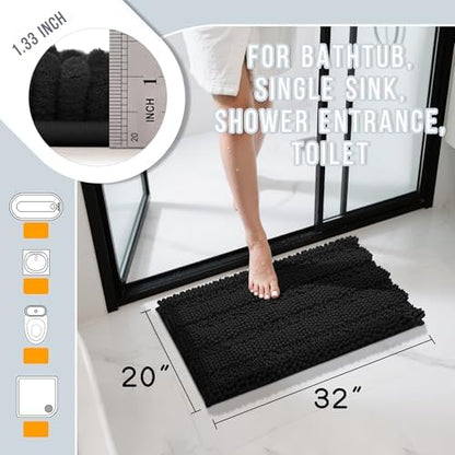 Yimobra Bathroom Rug Mat 32 x 20, Non Slip and Super Absorbent Bath Mat,Machine Washable Quick Dry,Ultra Plush Chenille Shower Rugs for Bathroom Floor Sink Tub and Shower Outside,Black