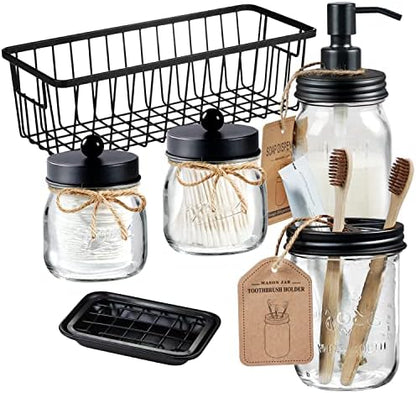 SheeChung Mason Jar Bathroom Accessories Set,6Pcs Rustic Bathroom Set,Black