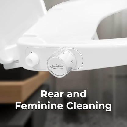 GenieBidet Right Side Bidet Toilet Seat Round - Round Bidet Toilet Seat with Adjustable Self-Cleaning Nozzles, Attachment, T Adapter & Bottle - Non Electric Bidet Seat