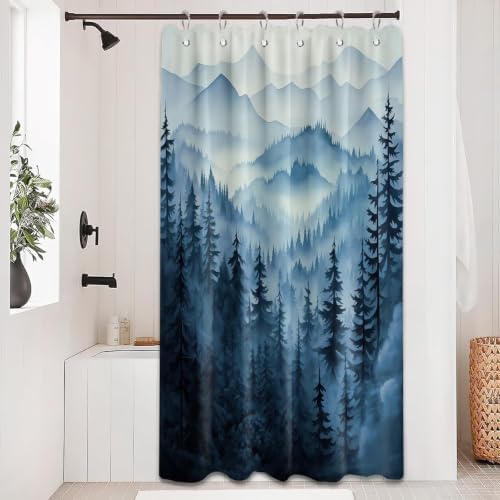 Navy Blue Forest Stall Shower Curtain, 36X72 in Narrow Small, Mountain