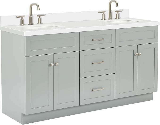 ARIEL Hamlet 66-inch Bathroom Vanity with Sink,Solid Wood, 1.5-inch Pure White Quartz Countertop & Backsplash, Double Rectangular Porcelain Sink, 4 Soft Closing Doors, 3 Dovetail Drawers, Grey