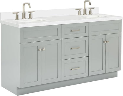 ARIEL Hamlet 66-inch Bathroom Vanity with Sink,Solid Wood, 1.5-inch Pure White Quartz Countertop & Backsplash, Double Rectangular Porcelain Sink, 4 Soft Closing Doors, 3 Dovetail Drawers, Grey