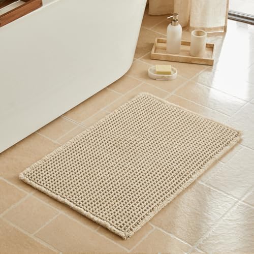Triohero Waffle Bath Mat, Boho Bathroom Rugs Non Slip, 20x30 Pale Beige