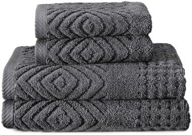 Texere 100% Organic Cotton Diamond Jacquard 700 GSM Luxury Bath Towel Sets - Ultra Soft and Absorbent Hotel and Spa Quality (Diamond, Charcoal, 2 Hand & 2 Face Towels)