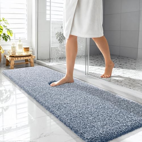 OLANLY Microfiber Bathroom Rugs 59x20, Quick Dry Bath Mat, Navy and White
