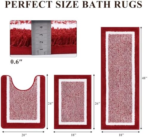 Pauwer Bathroom Rugs 3 Piece Set, Non Slip Washable Bath Mat, Red