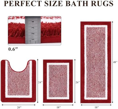 Pauwer Bathroom Rugs 3 Piece Set, Non Slip Washable Bath Mat, Red
