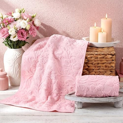 SmoothNovelty 2 Pcs Pink Floral Jacquard Hand Towels for Bathroom