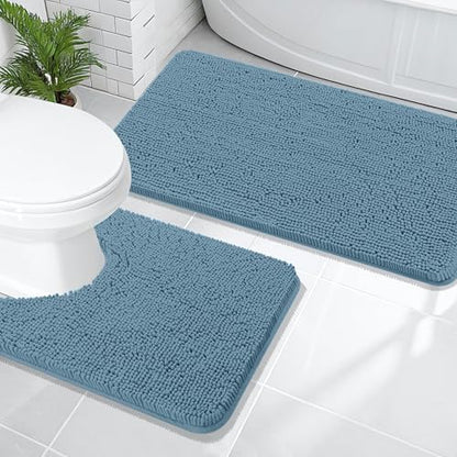 OLANLY Chenille Bathroom Rugs Mats Sets 2 Piece, 47"x20"+24"x20", Airy Blue