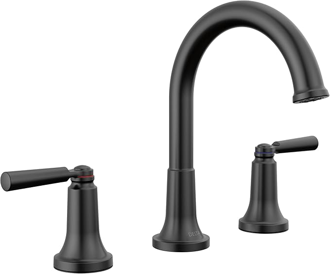 Delta Saylor Matte Black Bathroom Faucet 3 Hole, 8 Inch Widespread Bathroom Sink Faucet for Vanity, Metal Push-Pop Drain Assembly, Matte Black 3535-BLMPU-DST