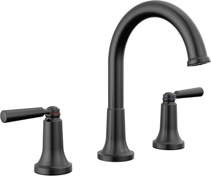 Delta Saylor Matte Black Bathroom Faucet 3 Hole, 8 Inch Widespread Bathroom Sink Faucet for Vanity, Metal Push-Pop Drain Assembly, Matte Black 3535-BLMPU-DST