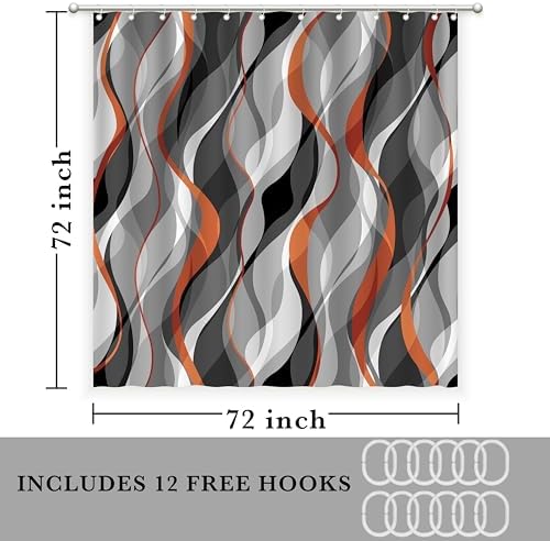 Orange and Grey Shower Curtain for Bathroom - Modern Abstract Striped Minimalist Fabric Bath Curtain Set, Waterproof, Black Gray Orange, 72 x 72 Inch