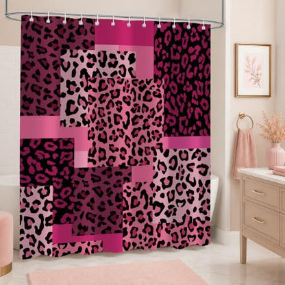 Pink Leopard Shower Curtain, Animal Print Patchwork, 72 x 72