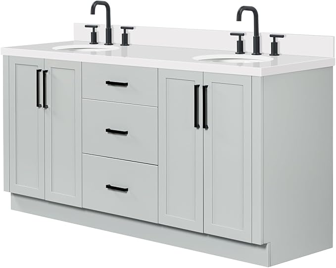 ARIEL Loren 72-inch Bathroom Vanity with Sink,Solid Wood, 1.5-inch Pure White Quartz Countertop, Double Oval Porcelain Sink, 4 Soft Closing Doors, 3 Dovetail Drawers, Grey