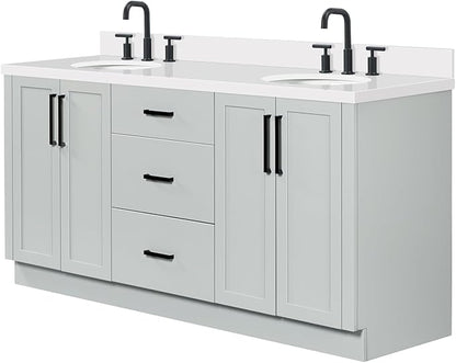 ARIEL Loren 72-inch Bathroom Vanity with Sink,Solid Wood, 1.5-inch Pure White Quartz Countertop, Double Oval Porcelain Sink, 4 Soft Closing Doors, 3 Dovetail Drawers, Grey