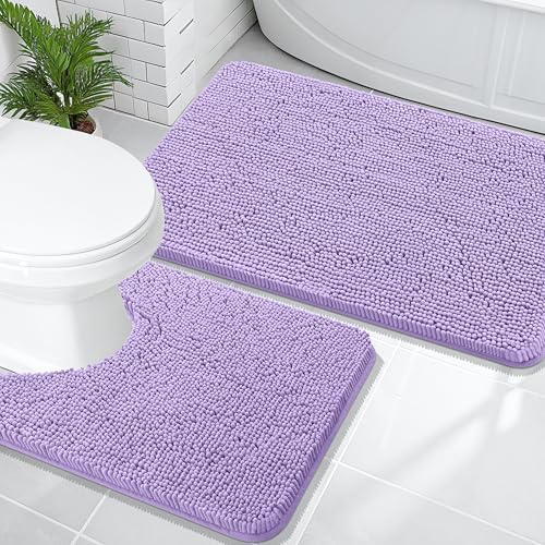OLANLY Chenille Bathroom Rugs Mats Sets 2 Piece, 36"x24"+24"x20", Lavender