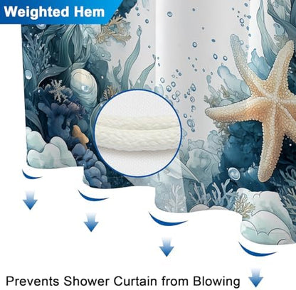 Deep Blue Bathroom Shower Curtain with 12 Hooks, Underwater Starfish Ocean Shower Curtain with Metal Grommets & Weighted Hem, Machine Washable Waterproof Shower Curtains for Bathroom, 72x72 Inches
