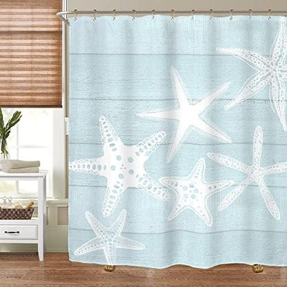 Miyotaa Beach Starfish Shower Curtain Set 60Wx71H Inches Seafoam Wooden Wood Rustic Country Ocean Sea Vintage Farmhouse Pastel Polyester Waterproof Cloth Bathroom Curtain with 12 Hooks