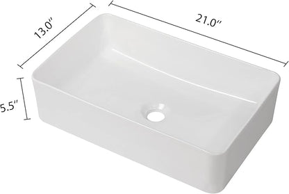 Vessel Sink Rectangle 21"x13" White Rectangular Bathroom Sink | Rectangular Bathroom Sink