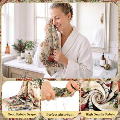 FuWeave 8 Pcs Vintage Christmas Shower Curtain Set for Bathroom Decor Include Santa Snowman Reindeer Gingerbread Shower Curtain Towels Non Slip Rugs Toilet Lid Cover Bath Mat and 12 Hooks
