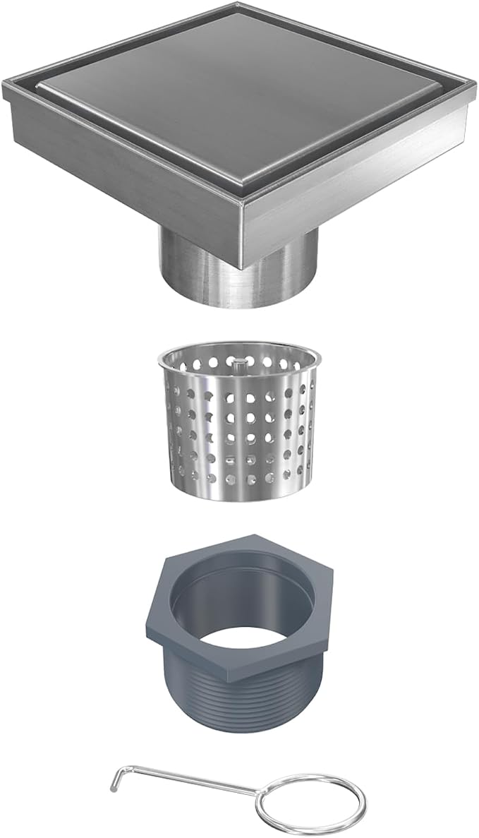 Tile-in Square Shower Drain 6 Inch with Hair Strainer, Brushed | SUS 304 Stainless Steel, Removable Grate & Hair Strainer Design, for Bathroom, Kitchen, Balcony, Garage, Basement, Toilet